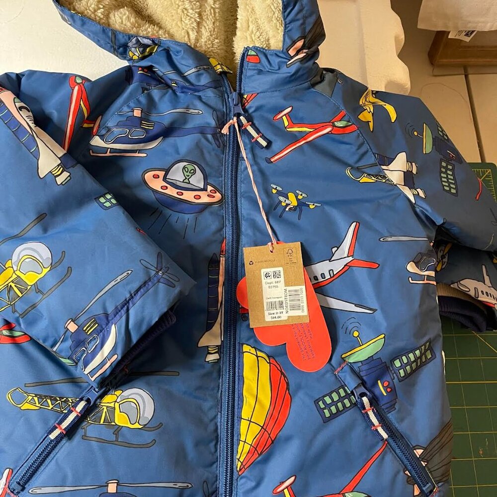 Mini Boden Sherpa Lined Water Repellent Jacket Space Print 2-3 Y NWT